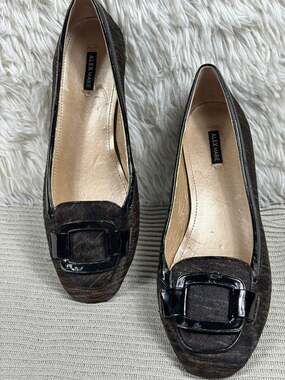 Alex Marie Shoes Womens Size 8M Brown Haircalf Loafer Flats Black Buckle Slip On